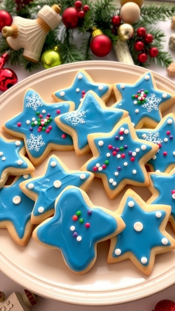 A festive assortment of blue frosted Christmas cookies on a decorative plate, surrounded by holiday decorations.
